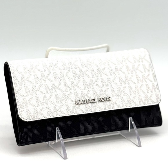 Michael Kors Jet Set Large Signature Logo TriFold Wallet Optic White Multi - Picture 3 of 10